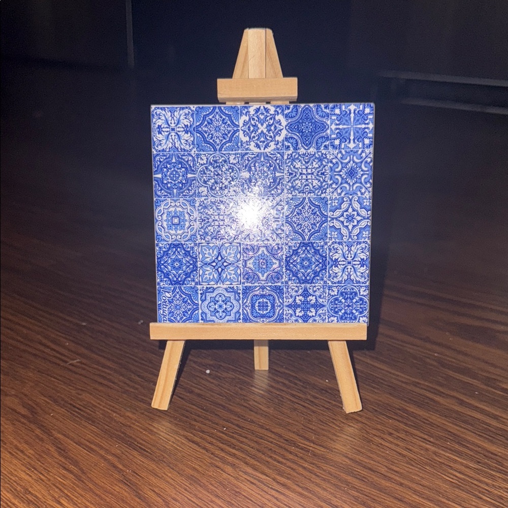 Blue Patterned Tile on Wooden Easel From Portugal